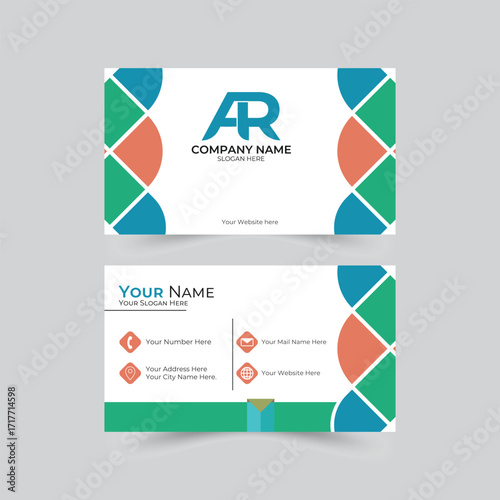Modern business card design with ar logo and geometric pattern for professional company branding and networking