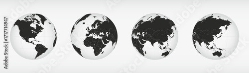 Four Monochrome Globes with Detailed World Map