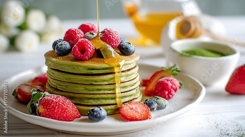 Wallpaper Mural a pancake dish stacked with various sweet fruits and honey Torontodigital.ca