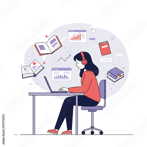 Young woman in headphones attentively studying an online lecture on her laptop at a desk, surrounded by floating digital graphs and books in a vibrant 2D flat vector illustration.