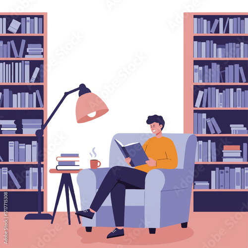A focused student reads an open book in a bright library, comfortably seated amongst towering bookshelves, with a nearby cup of coffee, shown in a flat 2D vector illustration.