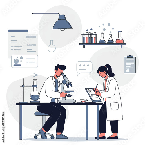 A clean 2D flat vector depicts two students in a science lab, one using a microscope and the other taking notes on a clipboard, surrounded by lab equipment.