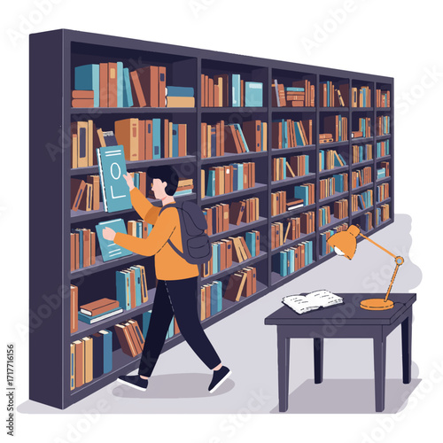 A diligent student walks through vibrant library aisles, pulling a book from a shelf next to a study lamp on a table, depicted in a clean flat 2D vector illustration style.