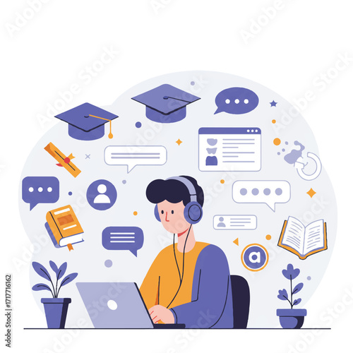 A young man participates in an online lecture, wearing headphones at a desk with his laptop, surrounded by floating digital education icons in a simplified flat 2D vector illustration.
