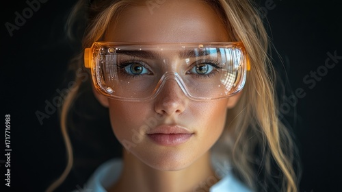 Woman with clear protective goggles gazes intently in a bright scientific workspace