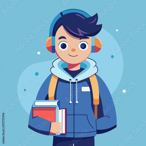 Cheerful student ready for school holding textbook with headphones on for learning