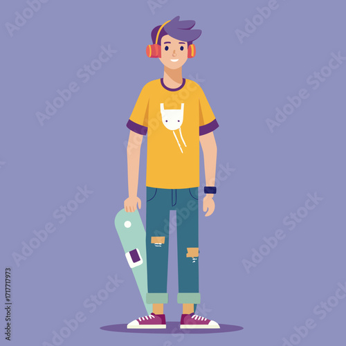 Skater dude with headphones holding skateboard, cool teen lifestyle and youth culture