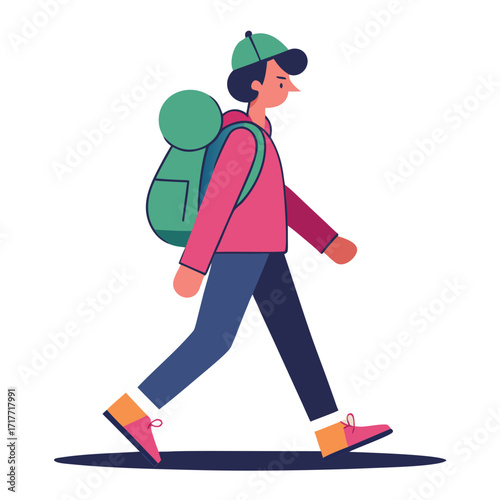 Adventurous hiker stepping forward with confidence wearing backpack in stylized design