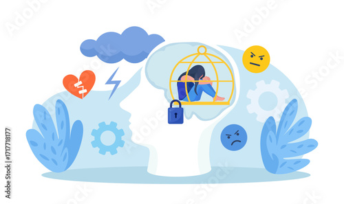 Head silhouette with mental trap as closed cage. Psychological mindset problem as feeling like trapped in birdcage. Stuck in comfort zone. Personal growth issue. Person with distorted world view