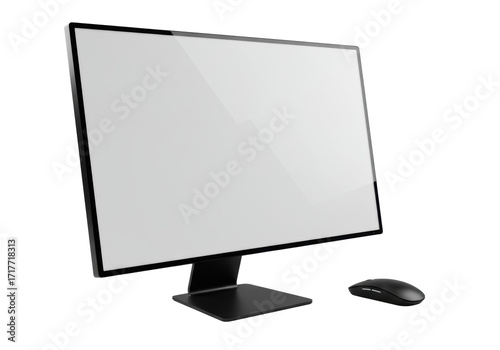 Sleek black flat-screen monitor with blank screen, minimalist stand, and matching wireless mouse, isolated on seamless transparent, no shadows, concept of modern technology design