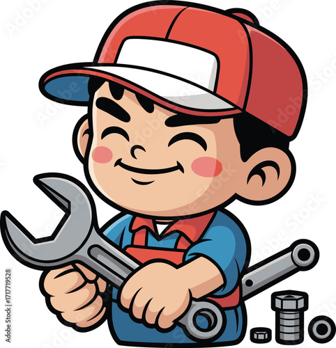 Cartoon child mechanic, smiling boy with wrench, vector illustration, kids repair character, engineering tools, children’s job theme, cute worker