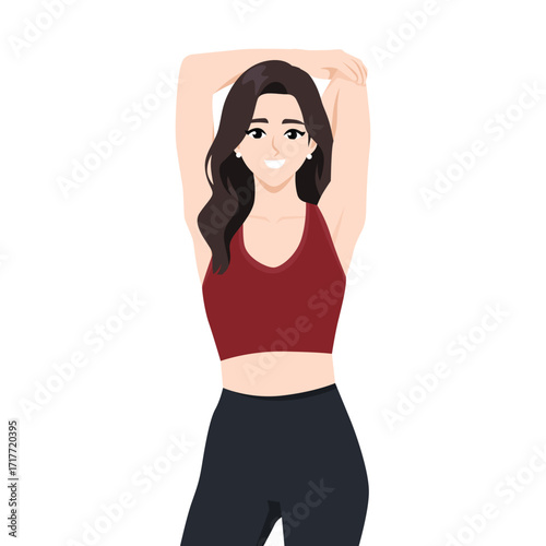 Woman in sportswear stretching her arms, representing fitness, warm up, and healthy lifestyle. Flat Vector character illustration