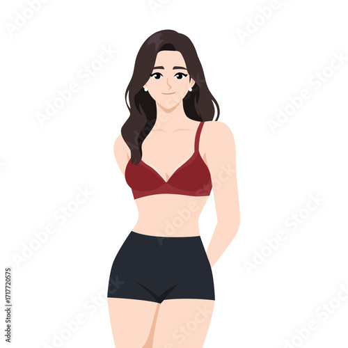 Young woman red black bra and shorts style underwear, symbolizing beauty, body confidence. Flat Vector character illustration