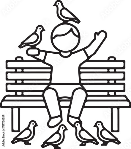 Child playing with pigeons on bench icon