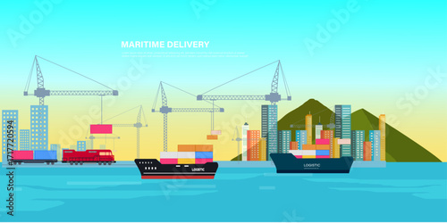 Freight shipping container crane operation at global trade port