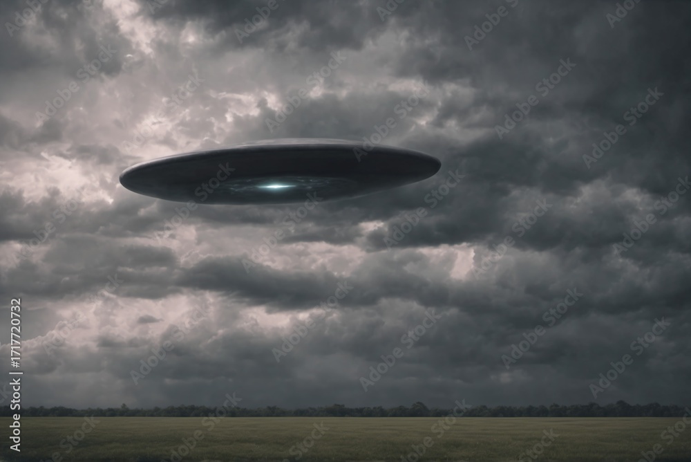 Naklejka premium UFO Hovering Above Open Field Under Storm Clouds