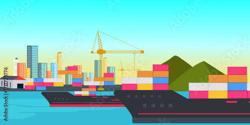 Cargo crane loading shipping container on freight ship at port