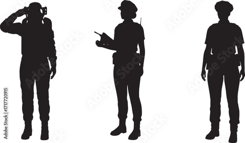 Vector graphic illustration of military and law enforcement personnel silhouettes, embodying the principles of public service and duty