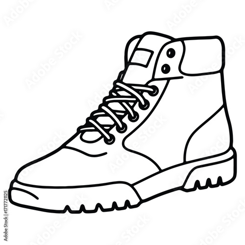 Black and white outline drawing of hiking boot side view