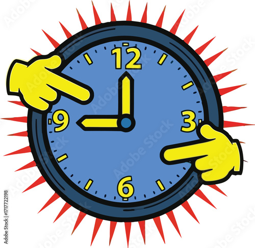 Cartoon Clock Showing 9O' Clock with Pointing Fingers and Sunburst time illustration
