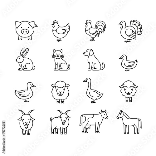 Collection of various farm animals and domestic pets, depicted in a modern thin line style with clean flat design elements. Ideal for agriculture and rural themed projects