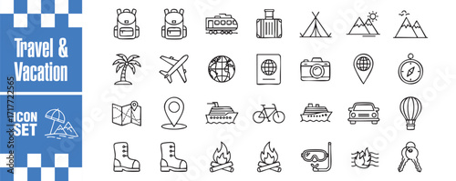 Travel and vacation icon set collection of vector line icons of tourism, journey, adventure, trip, holiday, summer, recreation and more editable stroke