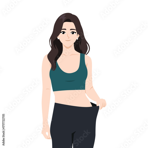 Young woman in sportswear pulling loose pants to show successful weight loss and fitness transformation. Flat Vector character illustration