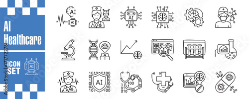 Ai healthcare icon set collection of line style vector icons related to artificial intelligence in medicine and healthcare industry perfect for web design