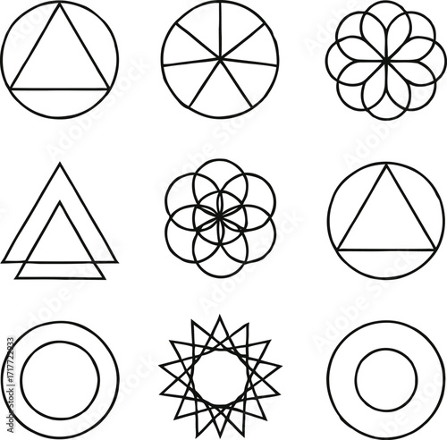 Collection of Geometric Sacred Geometry Symbols and Shapes Keywords: sacred geometry, geometric, triangle, circle, flower, star, symmetry, pattern, symbol, icon, graphic, design, illustration
