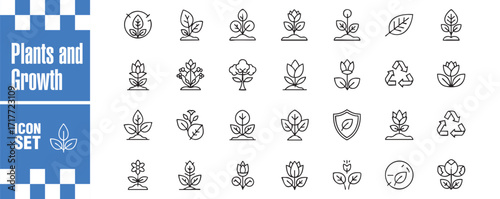 Plants and growth icon set collection of outline symbols related to botany, agriculture, gardening, and environmental sustainability editable stroke for easy use