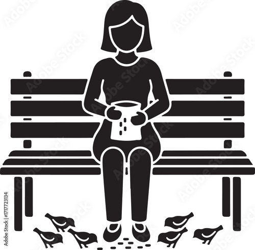 Woman sitting on bench with bird food