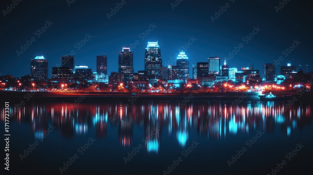 Fototapeta premium Night city skyline reflection, calm water, urban landscape, website banner