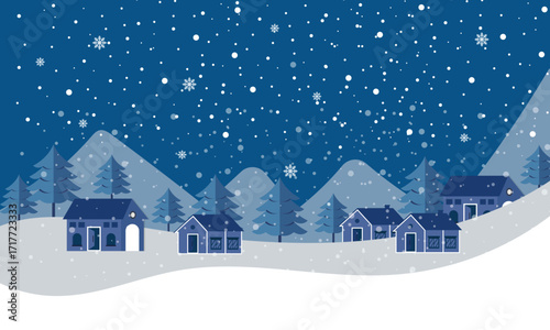 Christmas village in a snowy forest landscape. Beautiful winter wonderland scene with houses and pine trees
