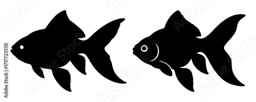 Two fish are shown in black and white. The first fish is on the left and the second fish is on the right. Vector. Silhouette illustration.