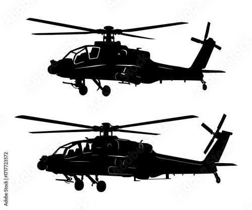 Two black helicopters are shown in profile. The first helicopter is on the left and the second is on the right. Vector. Silhouette illustration.