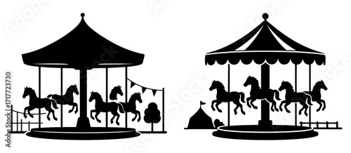 The two carousel images are black and white and depict a merry-go-round with horses. Vector silhouette.
