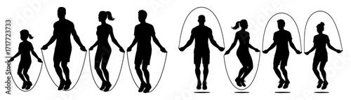 A group of people are jumping rope in a line, with each person holding a rope. The image captures the essence of teamwork. Vector silhouette.