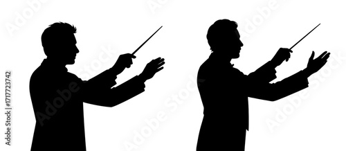 Two men are playing the piano, one of them is holding a baton. The other man is holding a baton as well. Vector silhouette.