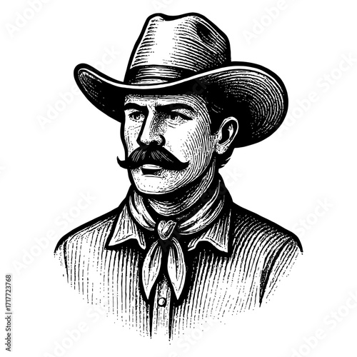 A man wearing a cowboy hat and mustache. The man is wearing a black shirt and a black hat. Vector silhouette.