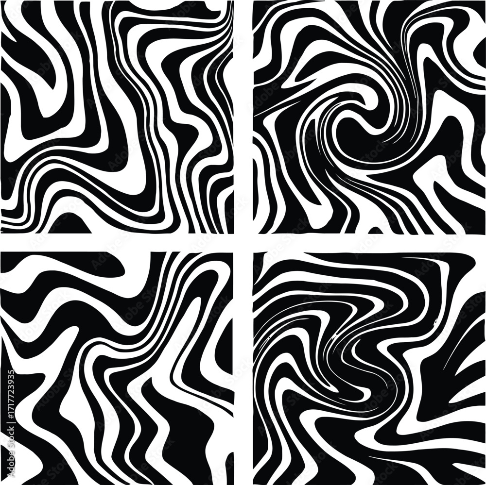 Obraz premium Four Abstract Black and White Swirling Wave Patterns vector illustration