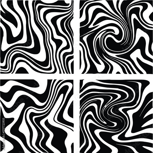 Four Abstract Black and White Swirling Wave Patterns vector illustration