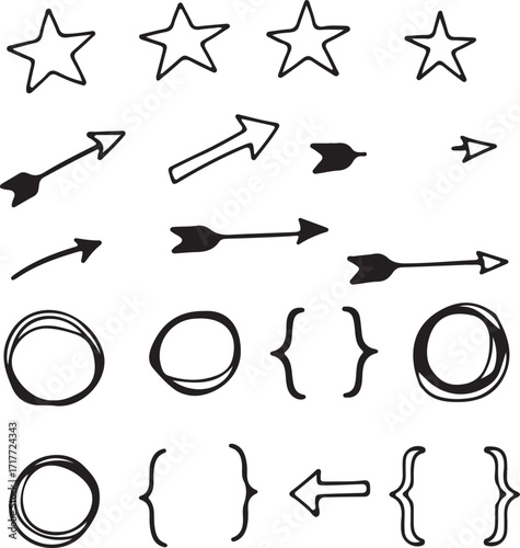 Hand Drawn Stars Arrows Circles and Brackets on White Background Keywords: star, stars, arrow, arrows, circle, circles, bracket, brackets, hand drawn, doodle, sketch, scribble, outline, symbol