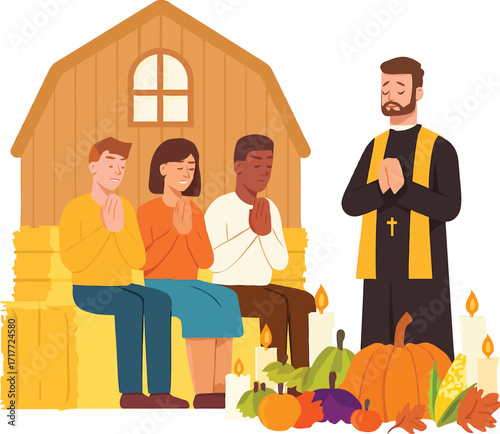 People Praying With Pastor In Barn Setting With Pumpkins And Candles Keywords: thanksgiving, prayer, praying, pastor, people, family, barn, hay bales, candles, pumpkins, autumn, fall, harvest