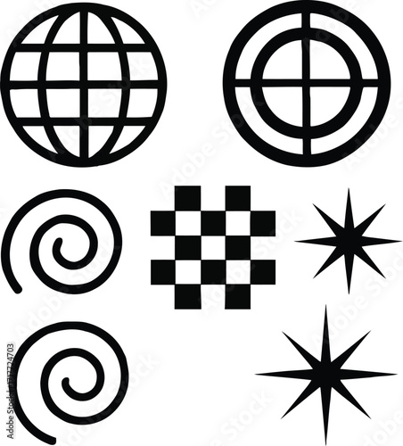 Set Of Black Geometric Icons Including Globe And Spiral Shapes symbols graphic