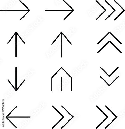 Set Of Simple Black Outline Arrows And Symbols On White Background direction pointer
