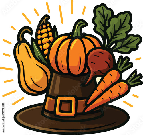 Thanksgiving Pilgrim Hat Overflowing with Harvest Vegetables Keywords: thanksgiving, pilgrim hat, harvest, vegetables, pumpkin, corn, carrots, beet, squash, autumn, fall, food, agriculture, bounty