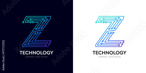 Z letter technology network logo design for database tech innovation. Futuristic typographic connectivity logo, Cyberspace AI corporate brand vector. Data analysis gradient electric cyber text line.