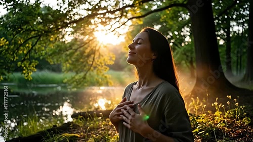 Close up side view of Asian woman practicing mindfulness breathing with hands on chest in a city park flower garden