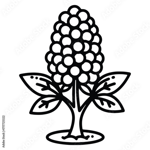 Minimalist blackberry bush illustration with leaves and stem in black and white