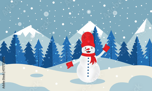 Snowman with top hat and red scarf in snowy winter forest landscape, pine trees, mountains, falling snow.